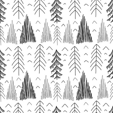 Seamless pattern of simple lagom fir trees with hatching and strokes. Hand drawn pencil spruce....