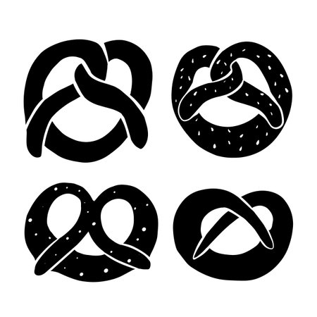 Set of different black pretzel silhouettes. Bovarian treats. Traditional German cuisine. Set of icons. Vector element for logos and your designのイラスト素材