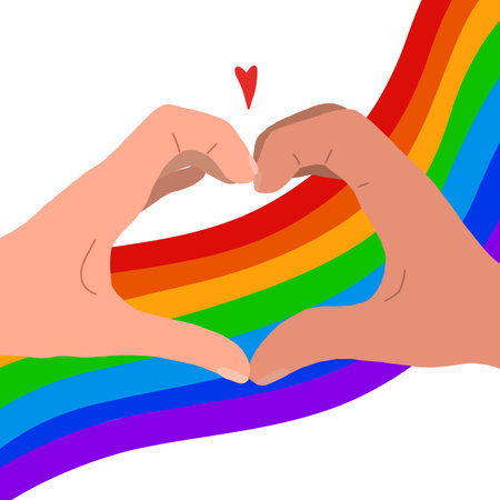 Flat illustration of a pair of human hands in a heart on a rainbow flag. Love of same sex people. Pride and freedom in feelings. Lgbt couples. Vector picture for cards, banners and your creativity.のイラスト素材