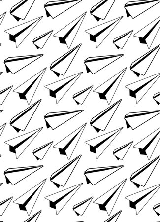 Seamless pattern of black and white sketches of paper airplanes. Letters and mail. Transportation of correspondence by air. Vector texture for wallpapers, fabrics, wrapping paper and your creativityのイラスト素材