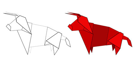 Set of red origami and outline bulls made of paper. The symbol of the Eastern New Year. Polygonal figure of livestock. Strong animal. Vector object for cards, banners and your design.のイラスト素材