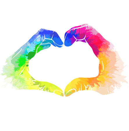 Silhouette pair of human hands with rainbow watercolor splashes. Greeting card love of same sex pair for valentines day. Pride and freedom in feelings. Lgbt couples. Vector picture for cards, bannersのイラスト素材