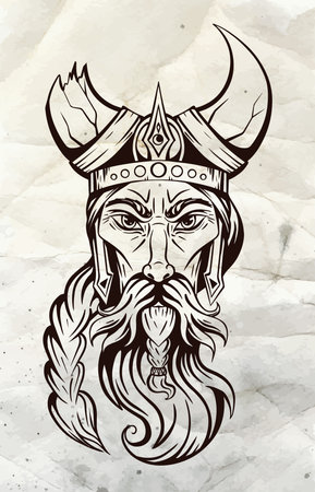 Vector sketch portrait of an ancient viking in a horned helmet on old paper. The head of a barbarian warrior with a beard and braid. Ink element for tattoo. Hand-drawn illustration for postcards.のイラスト素材
