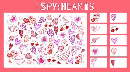 I spy game. Childrens educational fun. Count how many elements. Doodle hearts with hatching, arrows and wings. Valentines Day holiday. Vector template for preschool games.のイラスト素材