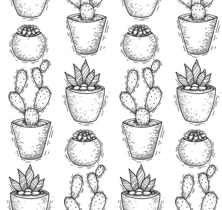 Seamless sketch texture with homemade cacti and succulents in pots with hatching in a row. Decorations for the interior. Vector contour pattern for wallpaper.のイラスト素材