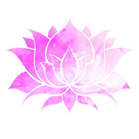 Violet watercolor silhouette of lotus. Delicate purple water flower with stain. Natural sacred symbol for spa and yoga. Vector floral logo and lily icon for websites and mobile applications.のイラスト素材