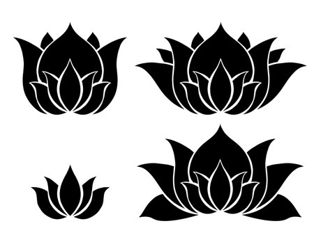 Set of black silhouettes of stylized lotuses. Water lily logos for yoga and sports centers. Simple flower icons for spa and beauty salons. Zen and Meditation.のイラスト素材