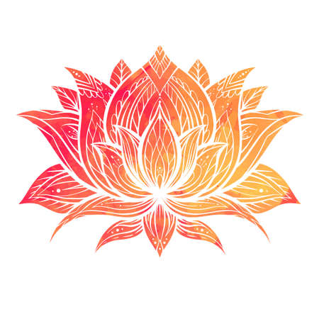 Boho orange watercolor lotus with patterns. Delicate water flower with tribal ornament. Natural sacred symbol for spa and yoga. Vector contour lily for logo, banner and your creativityのイラスト素材