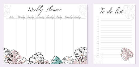 Set of day organization templates with abstract monstera leaves. Weekly planner and to-do list. Tropical monoline foliage with colored spots. Setting tasks for the day and for the weekのイラスト素材