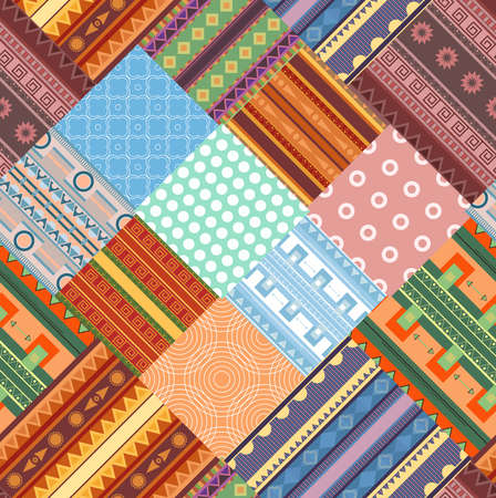 Cozy tribal patchwork blanket. Geometric ethnic pattern. Seamless fabric pattern. Wallpaper with pieces of decorations. Folk bedspread textureのイラスト素材