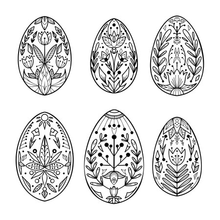 Set of outline Easter eggs with folk pattern. Festive treat with tribal ornaments. Spring religious holiday. Contour objects with a natural tracery for cards and banners.のイラスト素材