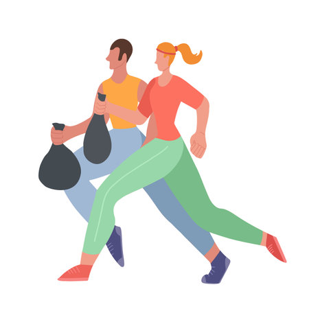 Plogging. Environmental movement. Healthy lifestyle. Family couple jogging with a garbage bags on white background. Physical activity and care for the environment. Maintaining cleanliness in city.のイラスト素材