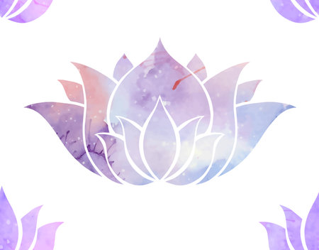 Seamless pattern with delicate watercolor lotuses. Pink and purple water lilies on a white background. Natural floral wallpaper. Fabric with silhouettes of flowers.のイラスト素材
