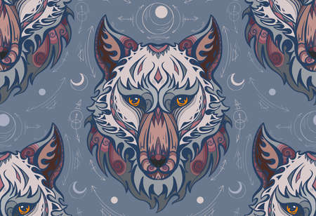 Multicolored heads of wolves with boho decoration and sacred symbols on a gray background. Seamless pattern with contour tribal drawing of predators. Vector texture with animals. Native wallpaperのイラスト素材