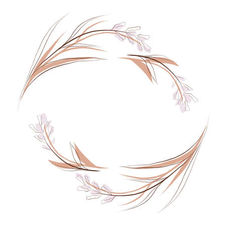 Round delicate floral frame with a steppe flower. Vector sketch wreath, icons and invitations. Delicate herbal drawing with copy space.のイラスト素材