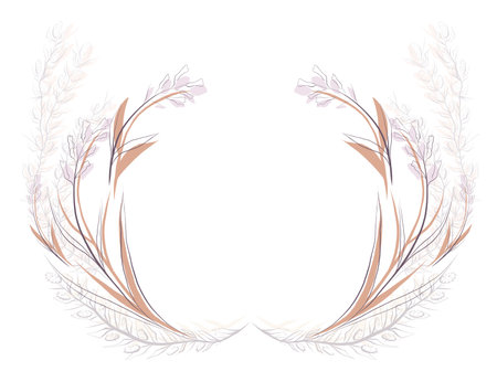 Round delicate floral frame with a steppe flower. Vector sketch wreath, icons and invitations. Delicate herbal drawing with copy space.のイラスト素材