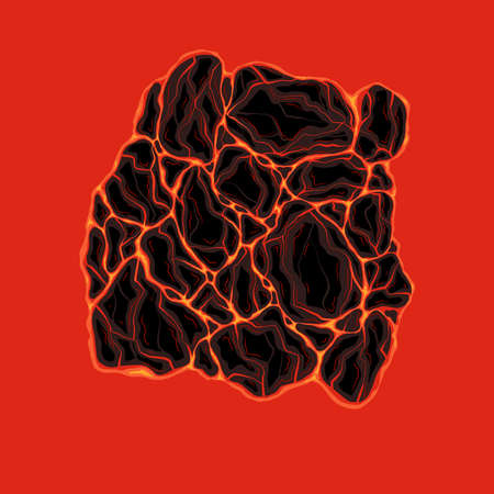 Illustration of lava with stones. Magma from molten rock. Eruption with Earthquake. Natural disaster. Vector image for card, sticker, bannerのイラスト素材