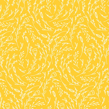 Bright summer pattern with doodle flowers on a yellow background. Vector wallpaper with rustic curls of herbs. Natural fabric with tulips and branches with petalsのイラスト素材