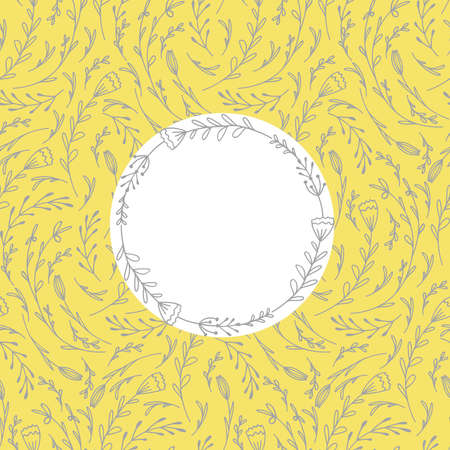 Square card with bright summer pattern with doodle flowers on yellow background and white circle copy space. Vector template with rustic curls of herbs. Natural banner with tulips and branchesのイラスト素材