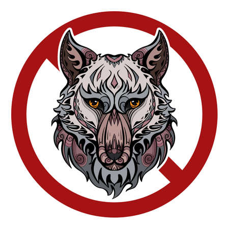 Danger of wild animals. The head of a wolf with a tribal pattern in a red prohibition sign. Ban on predators. Vector forbidden sign for stickers and your designのイラスト素材