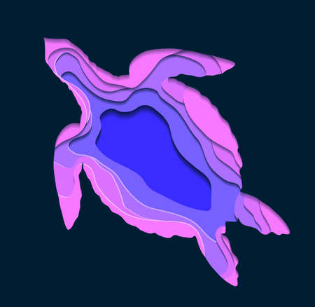 Paper cut layered turtle neon illustration. Ocean dwellers. Silhouette of a marine reptile. Vector violet drawing of origami aquatic animal on dark blue background.のイラスト素材