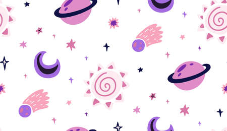 Childish cosmos pattern with stars, comet, sun and saturn planetのイラスト素材