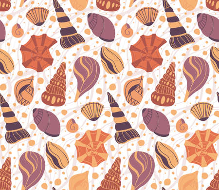 Pattern with cartoon seashells with sand and doodle ornament in beige tone.