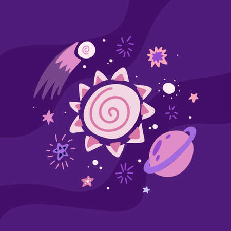 Childrens illustration of a meteorite, sun, saturn, stars and curls on violet background. Cosmic luminaries. Galaxy. Vector hand drawn flat illustrationのイラスト素材