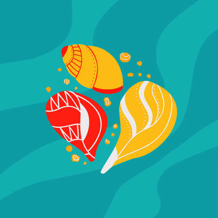 Cartoon illustration of seashells with sands with doodle ornament on blue background with wave. Flat...