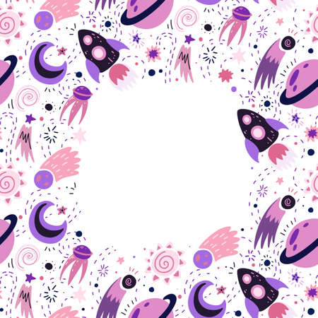 Square card with childish cosmos pattern with stars, comet, sun and space shuttle and cope space. Vector template of the universe with dots. Flat hand drawn banner of space with meteor and asteroidのイラスト素材