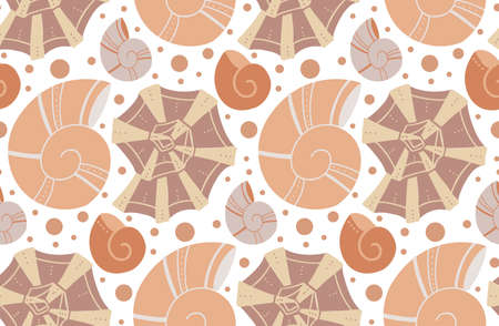 Seamless pattern with cartoon seashells with doodle ornament in beige tone. Flat texture with ocean inhabitants with boho ornaments and dots. Vector wallpaper with molluscs, shells and snailsのイラスト素材