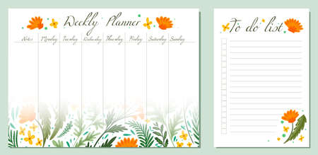 Set of day organization templates with grass and flower of fields. Weekly planner and to do list. Vector cards with wormwood, fennel, dandelion pattern. Setting tasks for the day and for the weekのイラスト素材