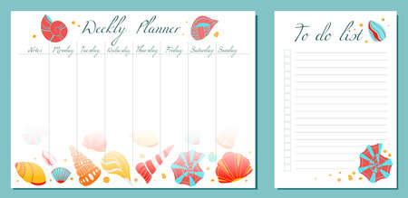 Set of day organization templates with seashells with boho decoration. Weekly planner and to do list. Vector cards with ocean shells pattern. Setting tasks for the day and for the weekのイラスト素材