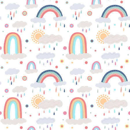 Cute childish pattern with different rainbows, cloud, sun with colorful drops and dots.のイラスト素材