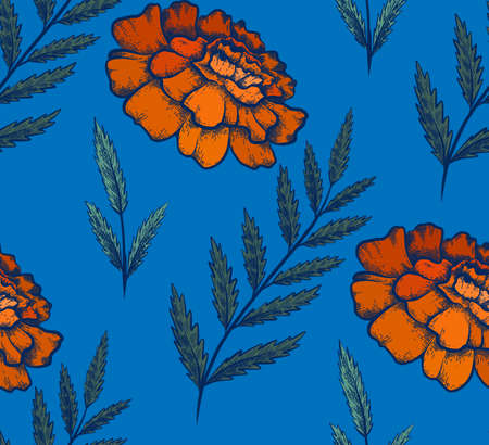 Seamless pattern with colorful botanical sketch of marigold flowers and branch with leaves on blue background. Vector textile with floral drawing. Fabric with pencil image of plant and flowerheadのイラスト素材