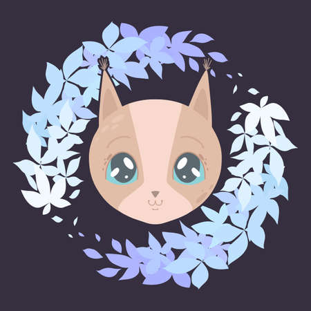 Cute childish illustration of a little lovely squirrel in plant wreath on dark blue background. The baby animal. Vector cartoon flat drawing for a childrens room, stickers and cards.のイラスト素材