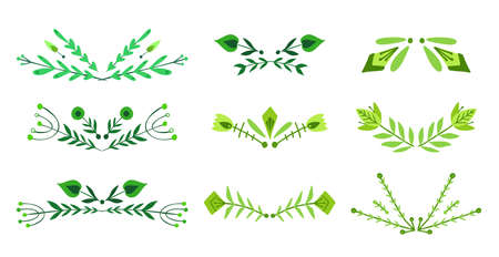 Set of spacers with tribal twig. Vector nature design elements. Folk plant text delimiters for articles, invitations and cards. Natural geometric design element with boho decorationのイラスト素材