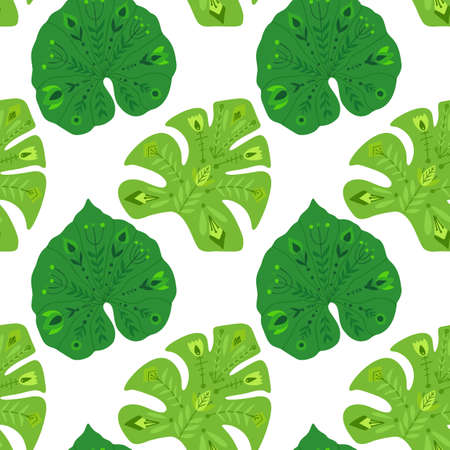 Tropical pattern with liana and monstera leaves with folk pattern on white background. Natural vector texture with foliage. Jungle wallpaper with tribal decoration. Backdrop with rainforestのイラスト素材