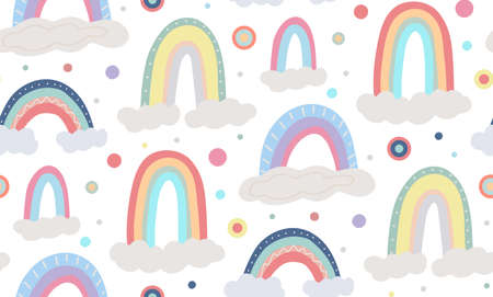 Cute childish pattern with different rainbow, cloud on white background with colorful dots. Vector flat natural texture. Gentle sky wallpaper. Backdrop with cartoon multicolored arcsのイラスト素材
