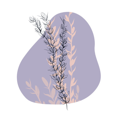 Delicate illustration of outline sketch of wild herbs with thorns on gentle pastel color spot. Vector natural contour fashion drawing. Wild grass of the steppes.のイラスト素材
