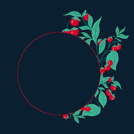 Circle frame with cherry tomatoes on the bushes with leaves on dark turquoise background. Vector natural flat border. Gardening and horticulture. Template with herbs and vegetables.のイラスト素材