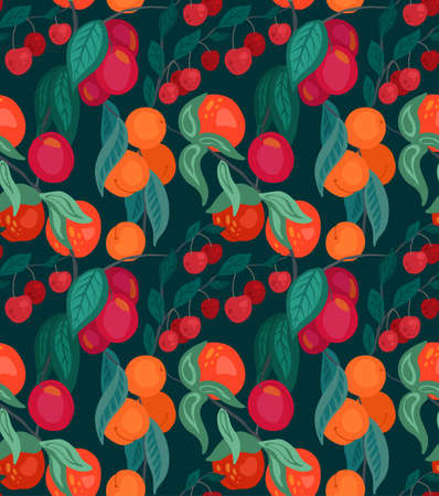Seamless flat texture with cherries, peaches, plums on branches with foliage on dark green background. Cartoon pattern with berries. Wallpaper with fruits and bushes. Vector natural gardening fabricのイラスト素材