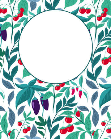 Vertical card with pattern with vegetables, foliage and place for text. Vector template with eggplants, cherry tomatoes and copy space on white background. Natural garden banner. Menu with flat bushesのイラスト素材