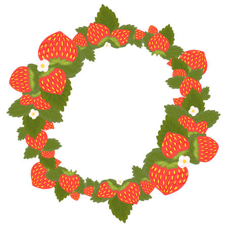 Round frame with strawberries, foliage, flowers and place for text. Circle border with summer berries for the menu. Vector template with fruits, leaves and copy space for cards.のイラスト素材