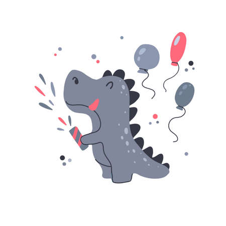 Happy little dinosaur blowing up clapperboard with balloons for birthday. Festive party. Vector childrens card with cartoon joyful dino on white background. Trendy flat hand drawn postcardのイラスト素材