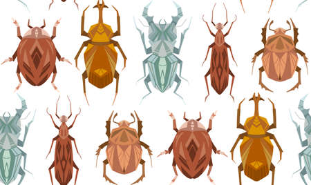 Seamless pattern with geometric insects in row on white background. Vector texture with geometrical stag beetle, flying ant, ladybug in retro colors. Stylish wallpaper with flat hand drawn bugsのイラスト素材