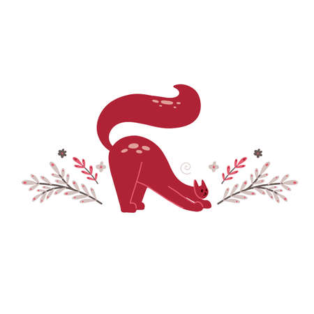 Cute coral stretching cat with flowers and branches with leaves. Delicate flat illustration of a pet with a floral pattern on white background. Vector tender postcard with kitten, stem with foliageのイラスト素材