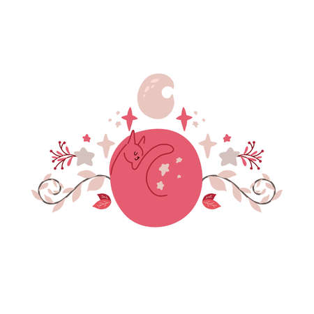 Cute pink sleeping cat with stars, moon and foliage on the branches. Delicate flat illustration of dreaming pet with floral pattern on a white background. Vector tender postcard with kitten and starのイラスト素材