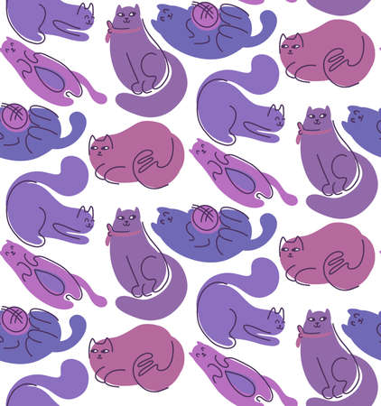 Seamless pattern with cute abstract lazy cats on white background. Vector texture with pets. Animalistic modern wallpaper. Fabric and backdrop with flat hand drawn violet and purple kittensのイラスト素材