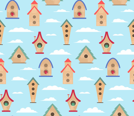 Seamless pattern with flat hand drawn bird houses on blue background with clouds. Childrens texture with small homes. Vector cartoon surface with architectural elements for fabrics and wallpapersのイラスト素材